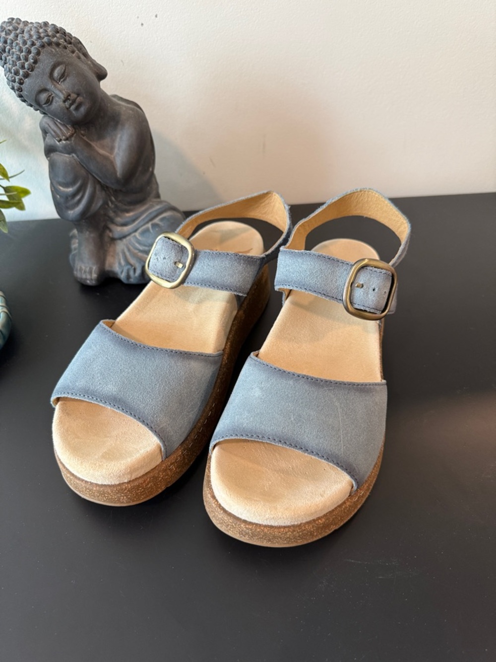 Dansko Womens Blue Suede Platform Sandals with Adjustable Buckle
